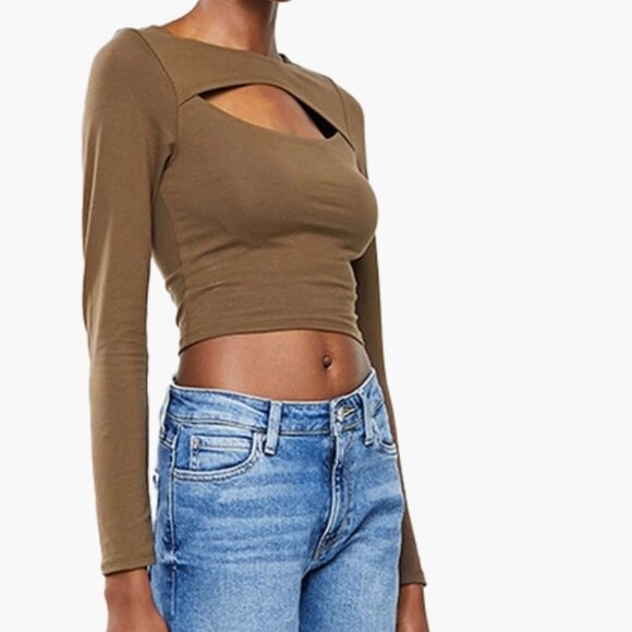 NEW! Cotton: On Crop Top Lara‎ Keyhole Long sleeve Brown XL Stretch - Picture 4 of 13